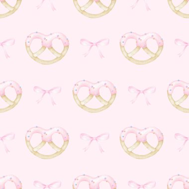 Kurabiyeler kremalı, selamla. Tekstil ve kağıt için pastel renklerde sulu boya deseni. Tatil pişirmenin tatlı suluboya çizimi