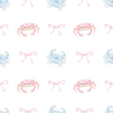 Pembe ve mavi yengeç, selam ver. Pastel renklerde sulu boya deseni. Tatlı suluboya deniz ürünleri çizimi