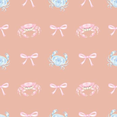 Pembe ve mavi yengeç, selam ver. Pastel renklerde sulu boya deseni. Tatlı suluboya deniz ürünleri çizimi