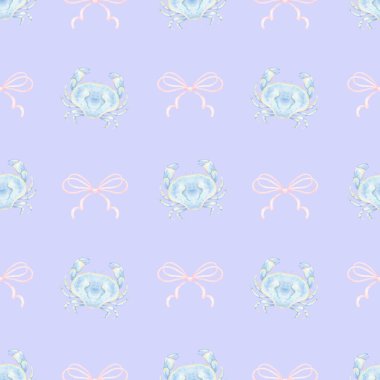 Yengeç, eğil. Pastel renklerde sulu boya deseni. Tekstil ve ambalaj kağıdı için şirin deniz ürünleri çizimi