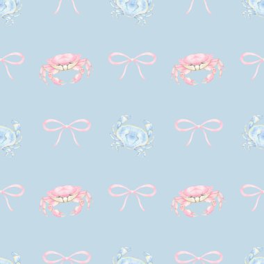 pink and blue crab, bow. Watercolor seamless pattern in pastel colors. Cute watercolor seafood illustration clipart