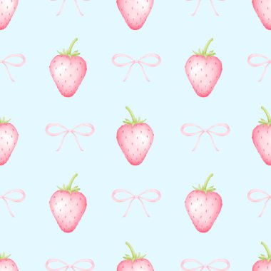 Çilek ve fiyonk. Tekstil ve ambalaj kağıtları için pastel renklerde suluboya deseni. Sevimli çocukların çizimleri.