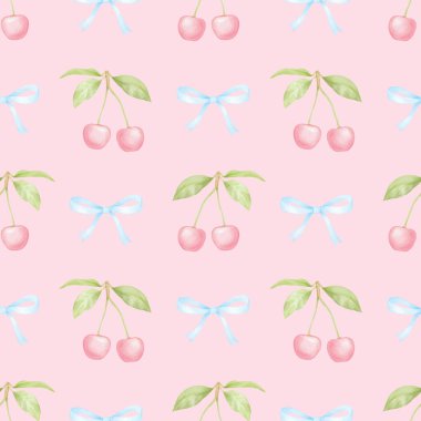 Kiraz, fiyonk. Tekstil ve ambalaj kağıtları için pastel renklerde suluboya deseni. Sevimli çocukların çizimleri.