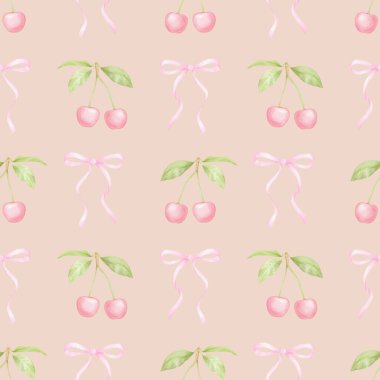 Kiraz, fiyonk. Tekstil ve ambalaj kağıtları için pastel renklerde suluboya deseni. Sevimli çocukların çizimleri.
