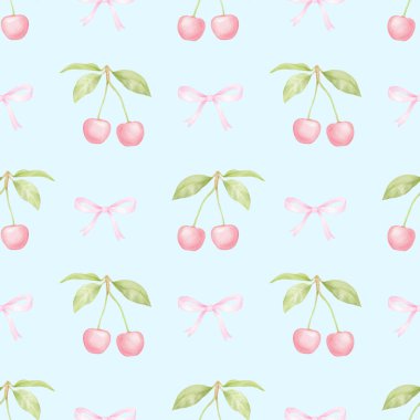 Kiraz, fiyonk. Tekstil ve ambalaj kağıtları için pastel renklerde suluboya deseni. Sevimli çocukların çizimleri.
