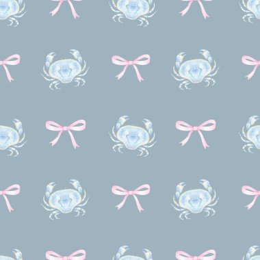 crab, bow. Watercolor seamless pattern in pastel colors. Cute seafood illustration for textile and wrapping paper clipart