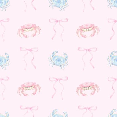 pink and blue crab, bow. Watercolor seamless pattern in pastel colors. Cute watercolor seafood illustration clipart