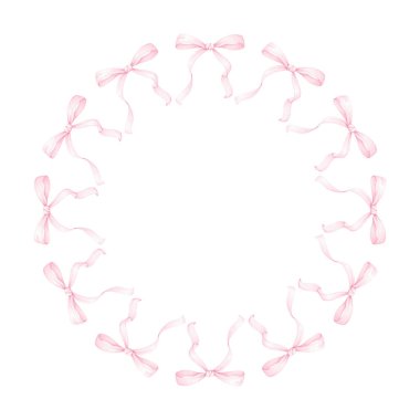 Pembe kurdeleler. Tekstil ve ambalaj kağıdı için beyaz zemin üzerine suluboya yuvarlak çerçeve. Pastel renklerle sevimli çocukların çizimi