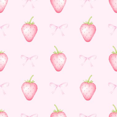 Çilek ve fiyonk. Tekstil ve ambalaj kağıtları için pastel renklerde suluboya deseni. Sevimli çocukların çizimleri.