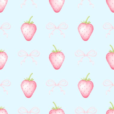Çilek ve fiyonk. Tekstil ve ambalaj kağıtları için pastel renklerde suluboya deseni. Sevimli çocukların çizimleri.