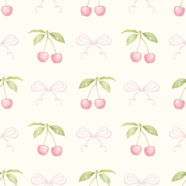 Kiraz, fiyonk. Tekstil ve ambalaj kağıtları için pastel renklerde suluboya deseni. Sevimli çocukların çizimleri.