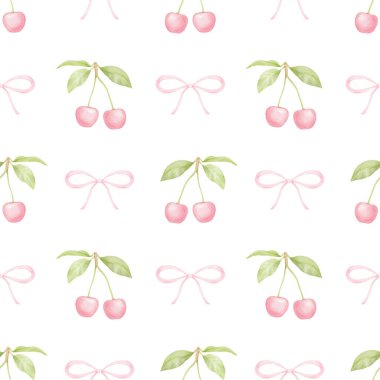 Kiraz, fiyonk. Tekstil ve ambalaj kağıtları için pastel renklerde suluboya deseni. Sevimli çocukların çizimleri.
