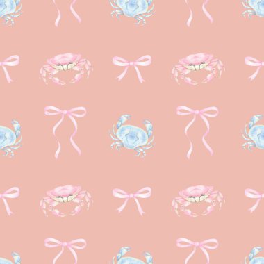 Pembe ve mavi yengeç, selam ver. Pastel renklerde sulu boya deseni. Tatlı suluboya deniz ürünleri çizimi