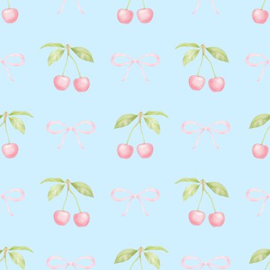 Kiraz, fiyonk. Tekstil ve ambalaj kağıtları için pastel renklerde suluboya deseni. Sevimli çocukların çizimleri.