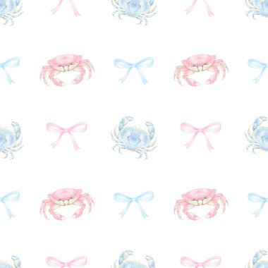 Pembe ve mavi yengeç, selam ver. Pastel renklerde sulu boya deseni. Tatlı suluboya deniz ürünleri çizimi