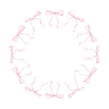 Pembe kurdeleler. Tekstil ve ambalaj kağıdı için beyaz zemin üzerine suluboya yuvarlak çerçeve. Pastel renklerle sevimli çocukların çizimi