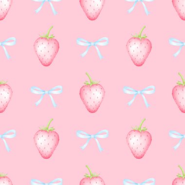 Çilek ve fiyonk. Tekstil ve ambalaj kağıtları için pastel renklerde suluboya deseni. Sevimli çocukların çizimleri.
