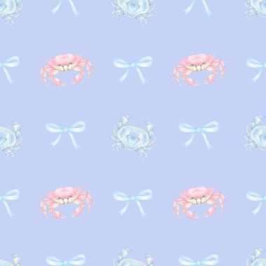 pink and blue crab, bow. Watercolor seamless pattern in pastel colors. Cute watercolor seafood illustration clipart