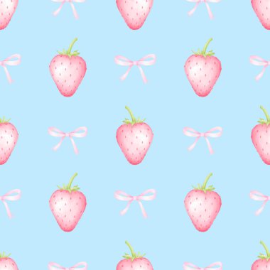 Çilek ve fiyonk. Tekstil ve ambalaj kağıtları için pastel renklerde suluboya deseni. Sevimli çocukların çizimleri.