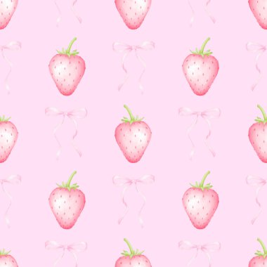 Çilek ve fiyonk. Tekstil ve ambalaj kağıtları için pastel renklerde suluboya deseni. Sevimli çocukların çizimleri.