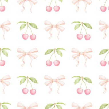 Kiraz, fiyonk. Tekstil ve ambalaj kağıtları için pastel renklerde suluboya deseni. Sevimli çocukların çizimleri.