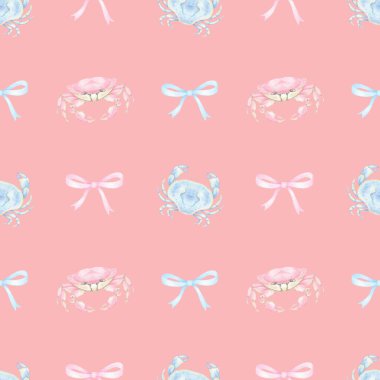 Pembe ve mavi yengeç, selam ver. Pastel renklerde sulu boya deseni. Tatlı suluboya deniz ürünleri çizimi