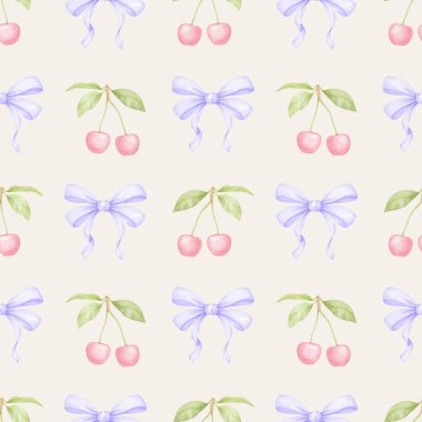 Kiraz, fiyonk. Tekstil ve ambalaj kağıtları için pastel renklerde suluboya deseni. Sevimli çocukların çizimleri.