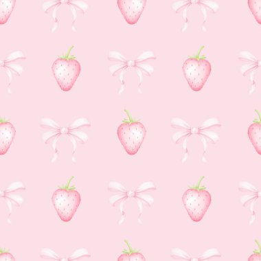 Çilek, yay. Tekstil ve ambalaj kağıtları için pastel renklerde suluboya deseni. Anneler günü, sevgililer günü, doğum günü için tatlı bir betimleme ve şenlik kurdeleleri.