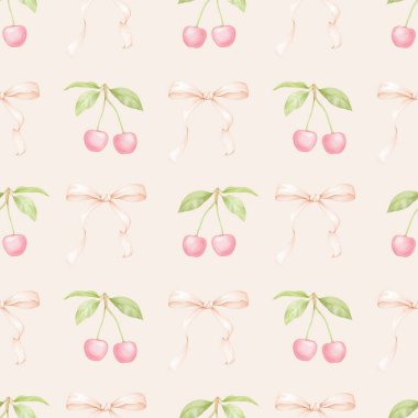 Kiraz, fiyonk. Tekstil ve ambalaj kağıtları için pastel renklerde suluboya deseni. Sevimli çocukların çizimleri.