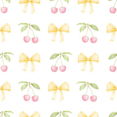 Kiraz, fiyonk. Tekstil ve ambalaj kağıtları için pastel renklerde suluboya deseni. Sevimli çocukların çizimleri.
