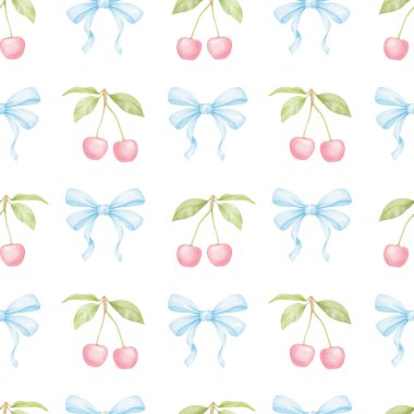 Kiraz, fiyonk. Tekstil ve ambalaj kağıtları için pastel renklerde suluboya deseni. Sevimli çocukların çizimleri.