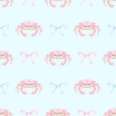 Pembe yengeç, selam ver. Tekstil ve ambalaj kağıtları için pastel renklerde suluboya deseni. Tatlı suluboya deniz ürünleri çizimi