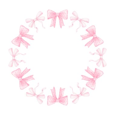 Sevimli bayramlık yaylar. Tekstil ve ambalaj kağıdı için beyaz zemin üzerine suluboya yuvarlak çerçeve. Pastel renklerle sevimli çocukların çizimi