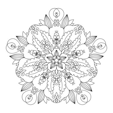 Doğrusal mandala. Beyaz arkaplana vektör eli çizilmiş doğrusal çizim. Dekoratif yuvarlak, soyut siyah-beyaz renkli süs.
