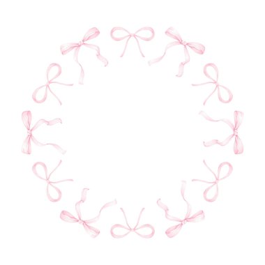 Sevimli bayramlık yaylar. Tekstil ve ambalaj kağıdı için beyaz zemin üzerine suluboya yuvarlak çerçeve. Pastel renklerle sevimli çocukların çizimi