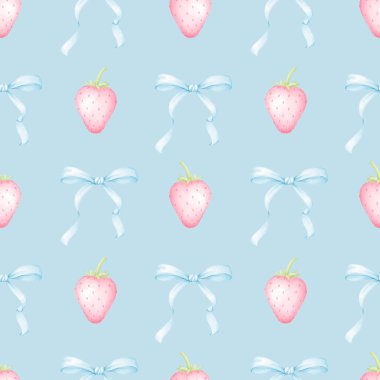 Çilek, yay. Tekstil ve ambalaj kağıtları için pastel renklerde suluboya deseni. Anneler günü, sevgililer günü, doğum günü için tatlı bir betimleme ve şenlik kurdeleleri.