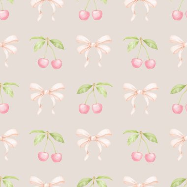 Kiraz, fiyonk. Tekstil ve ambalaj kağıtları için pastel renklerde suluboya deseni. Sevimli çocukların çizimleri.