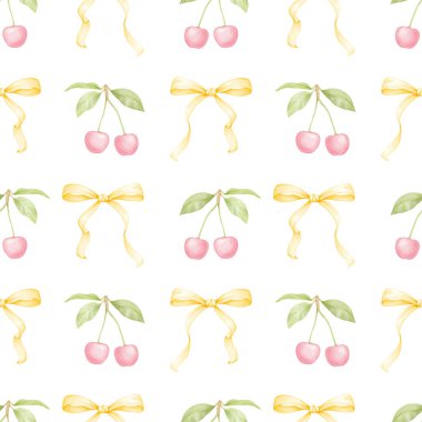 Kiraz, fiyonk. Tekstil ve ambalaj kağıtları için pastel renklerde suluboya deseni. Sevimli çocukların çizimleri.