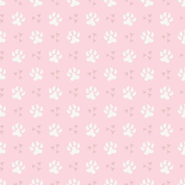 Köpek pençesi izi, yemek. Pastel renklerde vektörsüz desen. Tekstil ve ambalaj kağıtları için şirin çocukların çizimi