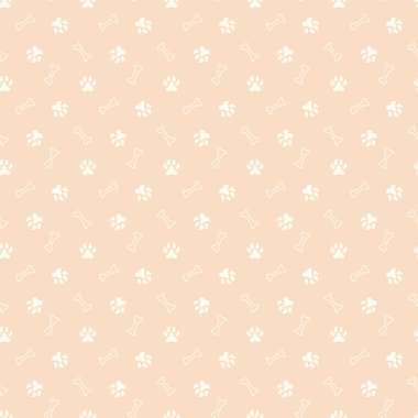 Köpek pençesi izi, kemik. Pastel renklerde vektörsüz desen. Tekstil ve ambalaj kağıtları için şirin çocukların çizimi