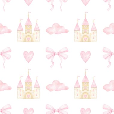 castle, bow, heart, cloud. Watercolor seamless pattern in pastel colors for textile and wrapping paper. Cute children's illustration for little princesses clipart