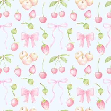 Çilek, ahududu, kiraz, elma, fiyonk. Pastel renklerde sulu boya deseni. Çocuk tekstil ürünleri için sevimli meyve illüstrasyonu