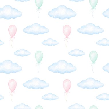 Balon, bulut. Pastel renklerde sulu boya deseni. Çocuk tekstili ve kağıt tasarımı için hoş bir illüstrasyon