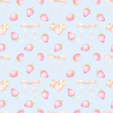 Çilek, fiyonk, elma. Pastel renklerde sulu boya deseni. Çocuk tekstil ürünleri için sevimli meyve illüstrasyonu