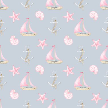 Yelkenli, çapa. Pastel renklerde sulu boya deseni. Deniz, dinlenme ve seyahat temalı şirin çocukların çizimi