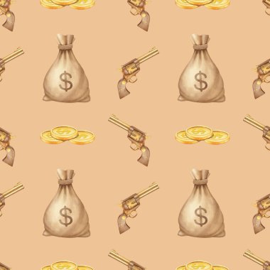 Para çantası, tabanca, bozuk para. Kovboyların temasındaki suluboya desenler