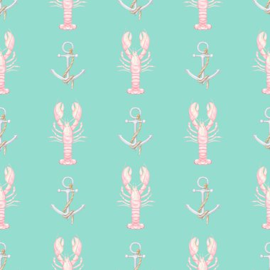 Çapa, yengeç, karides, ıstakoz. Pastel renklerde sulu boya deseni. Tekstil, ambalaj kağıdı ve menü için şirin deniz ürünleri çizimi
