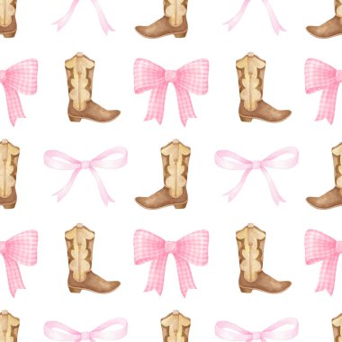 Kovboy çizmeleri, yay, at nalı. Tekstil ve ambalaj kağıdı için suluboya deseni