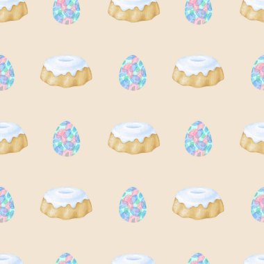 Paskalya yumurtaları suluboya, kremalı bisküvi. Tekstil ve ambalaj kağıtları için pastel renklerde suluboya deseni. Şirin bahar çizimi