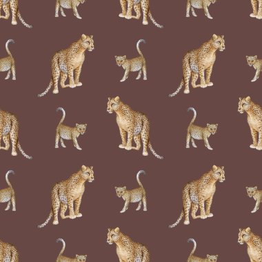 Leopar. Tekstil ve ambalaj kağıtları için sevimli hayvanlarla suluboya desenli.